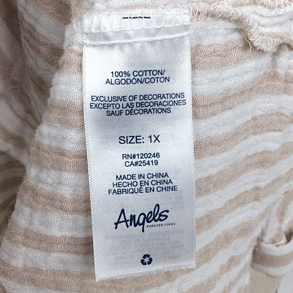 Angels Forever Young Top Womens Size 1X White Beige Striped‎ Muslin Button Down - Picture 8 of 8